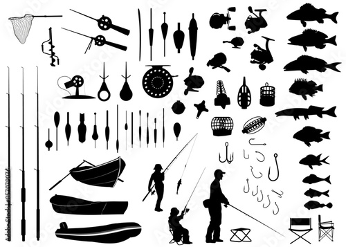 Set of  fishing elements, fishermen, boats, fish, tackle silhouettes. Vector illustration.	
