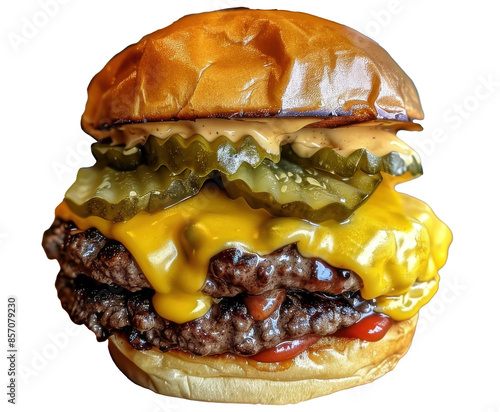 A double cheeseburger with two thick, succulent patties, gooey melted American cheese, tangy pickles, finely chopped onions, and a generous squirt of ketchup and mustard