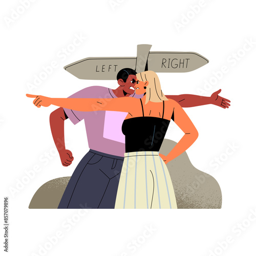 Couple quarrel, lovers have conflict of interests. Angry people argue, have disagreement, differences of opinions in relationship. Problems in communication. Flat isolated vector illustration on white