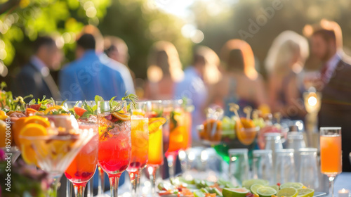 Vibrant outdoor cocktail party with fruit drinks, people socializing in the background, sunny day event