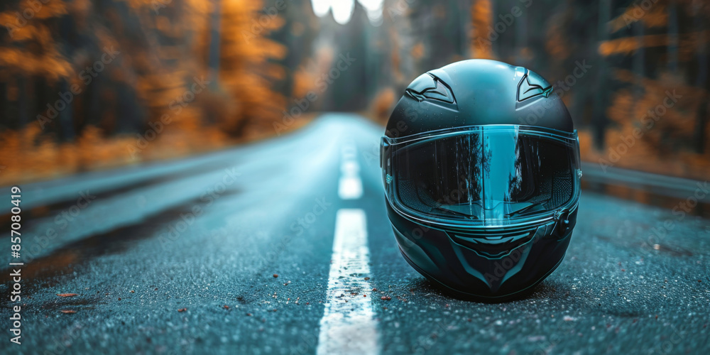 Fotografie Black motorcycle helmet. Helmet on the asphalt in autumn