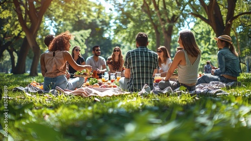 A group of friends having a picnic in the park, promoting social interaction as a means to alleviate stress and foster a sense of belonging. Illustration, Minimalism,