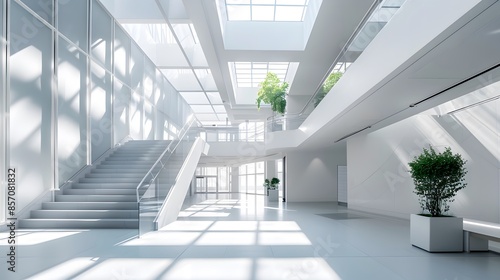 a modern hospital building with a minimalist architecture style, featuring stark white walls and a unique staircase. photo