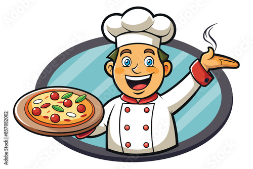 cute chef hold pizza mascot logo with cartoon style