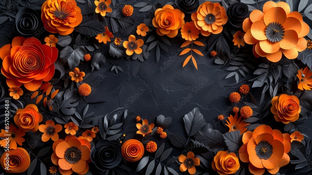 top view of a creative halloween banner mockup with black background, paper-cut orange pumpkins and flowers frame, minimalist design concept top view of a creative halloween banner mockup with black background, paper-cut orange pumpkins and flowers frame, minimalist design concept