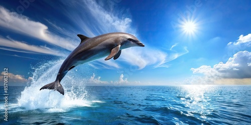 Dolphin gracefully leaping into the sparkling blue ocean , dolphin, water, jump, leap, marine life, wildlife, animal, sea, aquatic © wasan