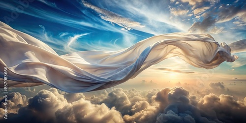 Epic silk fabric fluttering in celestial cloudscape, silk, fabric, fluttering, wind blown, renaissance, fantasy art photo