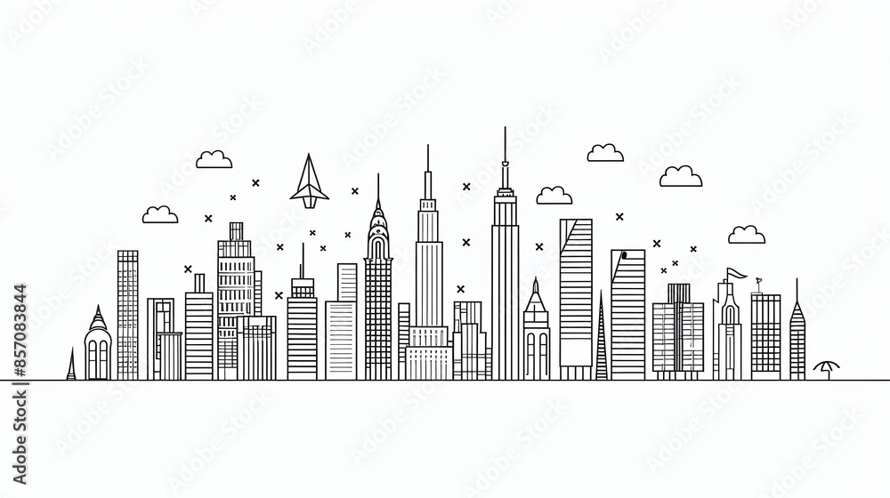 Fototapeta premium Minimalist line drawing of a cityscape with skyscrapers and a paper airplane flying overhead.