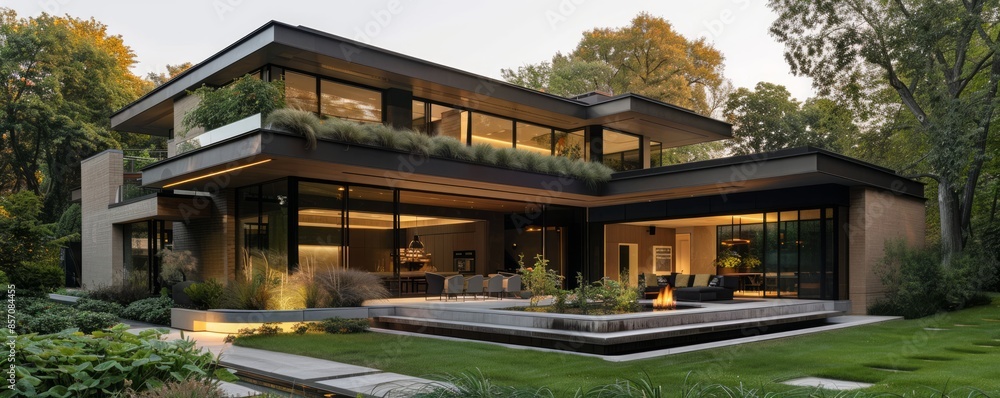 Contemporary house with a sleek, angular design. Contemporary house with a sleek, angular design.
