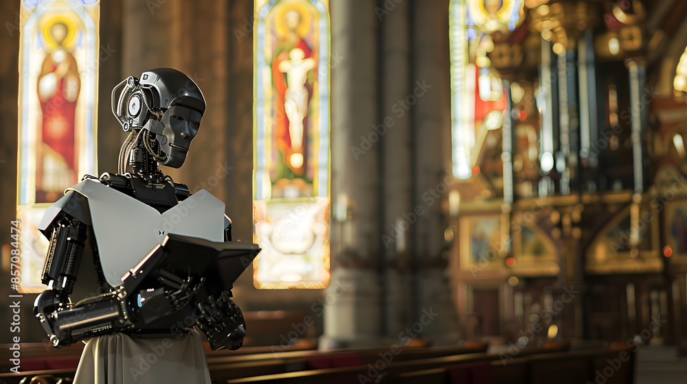 AI robot dressed in priest's robes, preaching in a church. This futuristic scene combines traditional religious settings with advanced technology AI robot dressed in priest's robes, preaching in a church. This futuristic scene combines traditional religious settings with advanced technology