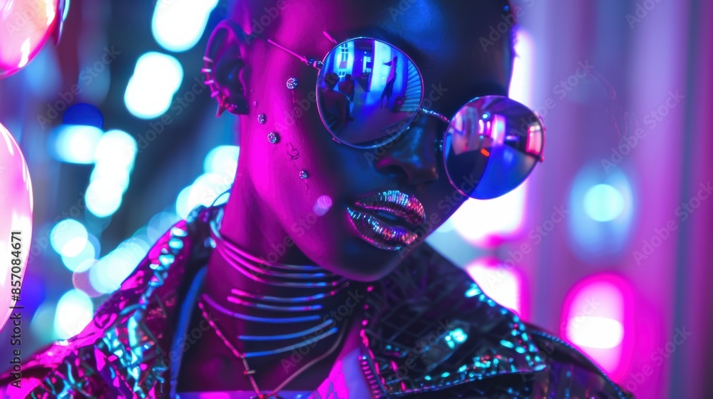 A cyberpunk street style with holographic details and neon lighting, worn by a model with cybernetic enhancements A cyberpunk street style with holographic details and neon lighting, worn by a model with cybernetic enhancements