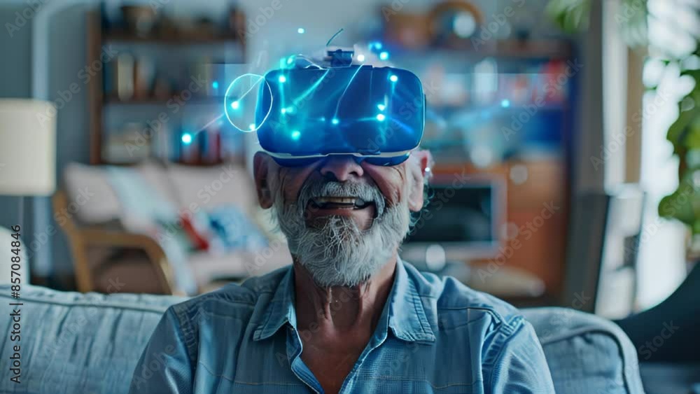 animation elderly man experiencing virtual reality with vr headset glasses with floating blue digital network elements, technology and innovation for seniors animation elderly man experiencing virtual reality with vr headset glasses with floating blue digital network elements, technology and innovation for seniors