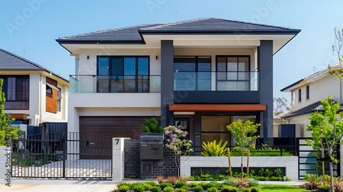 a modern style house with two storeys  in the style of light white and dark bronze  pakistan context with front gate and modern facade