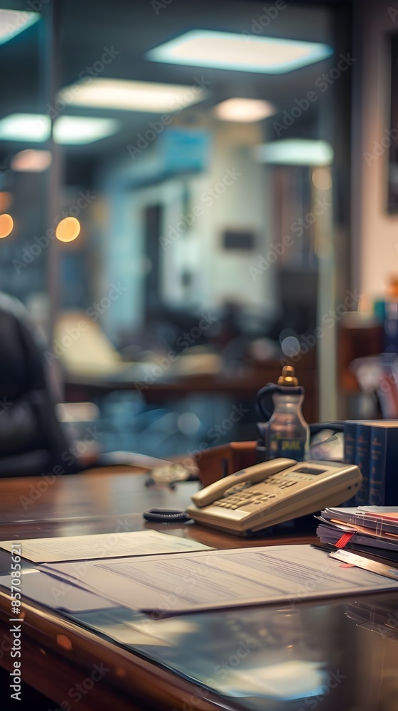 Defocused Desk of a Police Station in Blurred Workspace Defocused Desk of a Police Station in Blurred Workspace