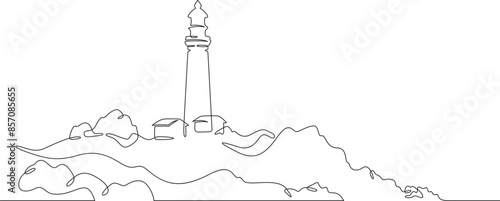 Lighthouse on a cliff. Sea coastline. Ocean landscape. Lighthouse on the shore.One continuous line drawing on a white isolated background. Minimalism linear illustration.