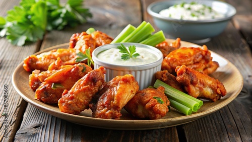 Plate of spicy chicken wings with a side of celery and blue cheese dressing, spicy, chicken, wings, plate, snack, appetizer, crispy photo
