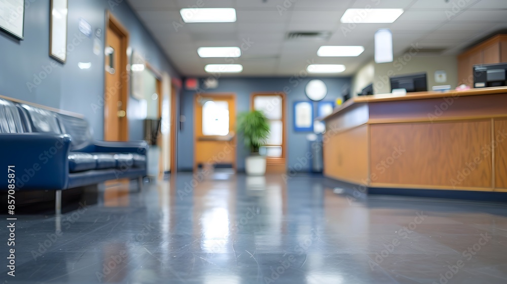Fototapeta premium Blurred Hallway View of Polished Reception Area in Public Administrative Building