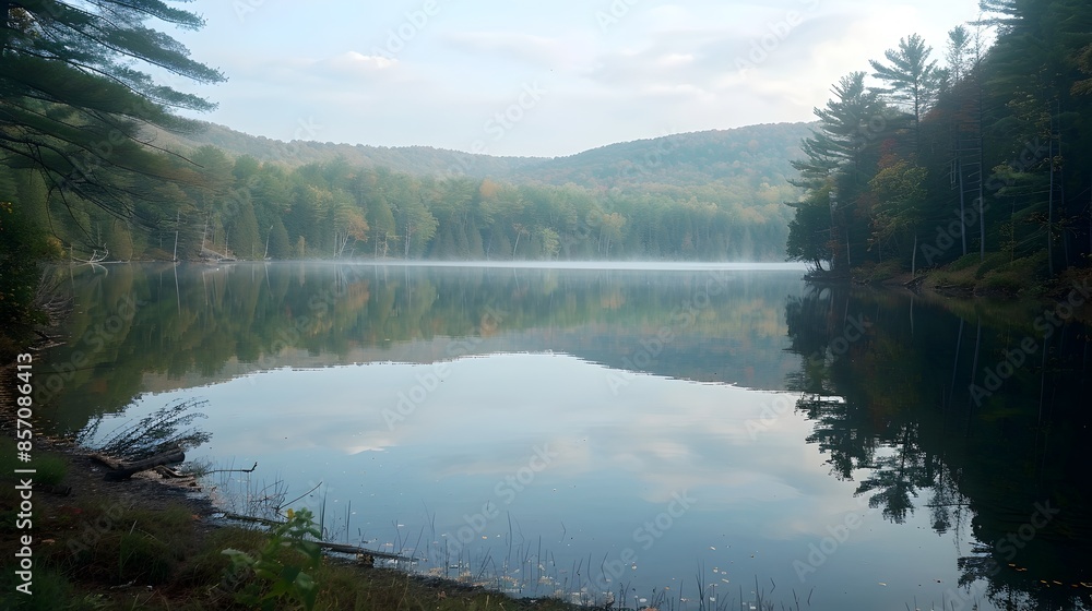 Fototapeta premium Serene Forest-Ringed Lake Reflection Tranquil Setting for Restorative Yoga Practice