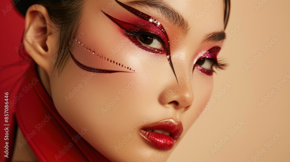 Close-up of woman with creative red and black eye makeup and glossy lips, showcasing artistic fashion style Close-up of woman with creative red and black eye makeup and glossy lips, showcasing artistic fashion style