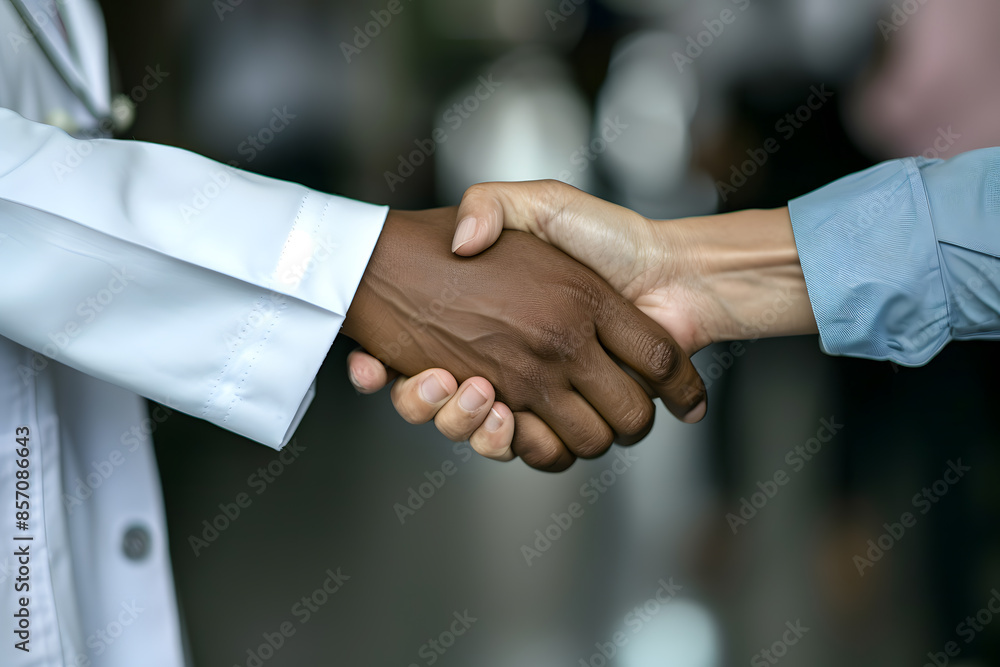 Two healthcare professionals shake hands. Two healthcare professionals shake hands.