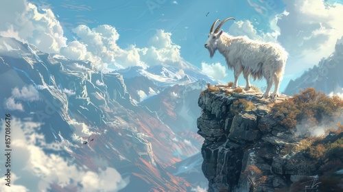 A mountain goat standing on a cliff with a rocky landscape within its body, illustration background