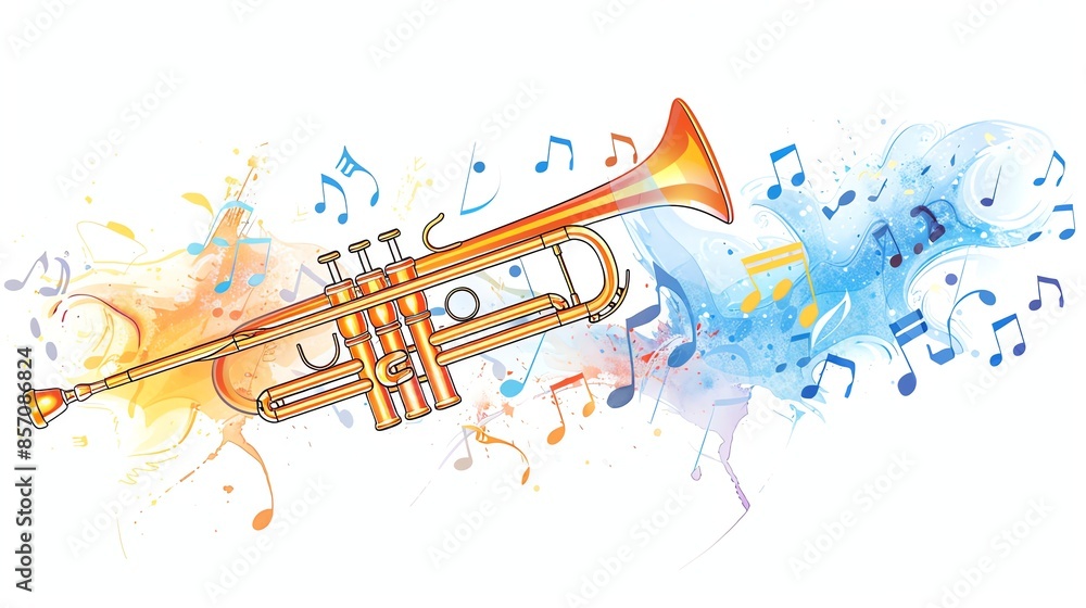 A gold trumpet with musical notes and watercolors in the background. A gold trumpet with musical notes and watercolors in the background.