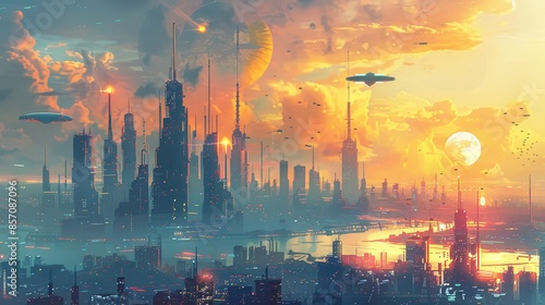 A futuristic city skyline with towering skyscrapers and flying vehicles, illustration background photo