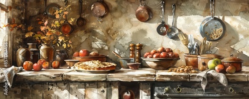 A rustic kitchen with freshly baked apple pie, caramel drizzle, and autumn spices, Country style, Earthy colors, Illustration, High detail photo