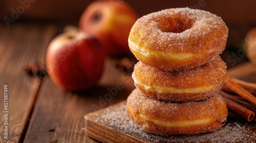 A stack of apple cider donuts with a cinnamon sugar coating, Realism, Warm colors, Highresolution photo, Shallow depth of field