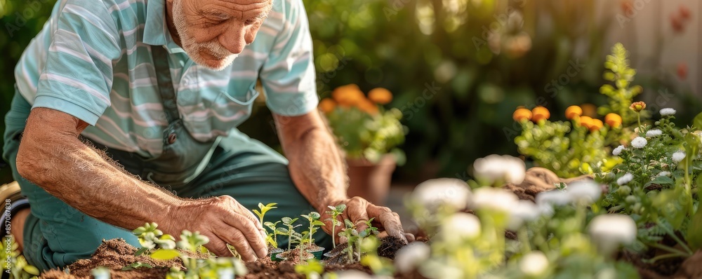 Elderly man kneeling by a flower bed, planting seedlings, senior gardening passion Elderly man kneeling by a flower bed, planting seedlings, senior gardening passion