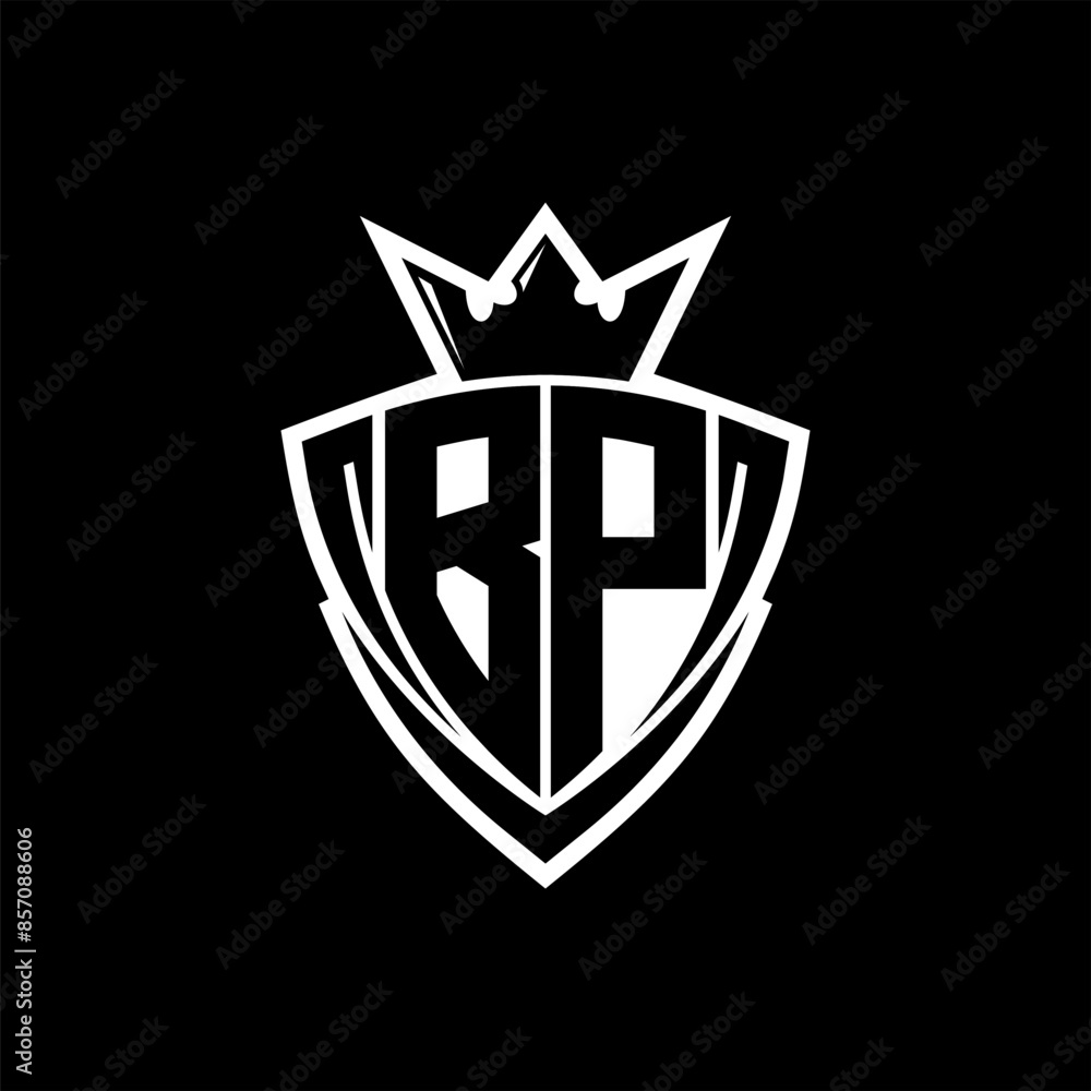 BP Letter logo with sharp triangle shield shape with crown inside white outline on black background template design BP Letter logo with sharp triangle shield shape with crown inside white outline on black background template design