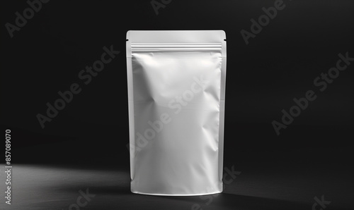 Clean White Standup Pouch Mockup on Black Background for Branding Designs | Front View Packaging Template photo