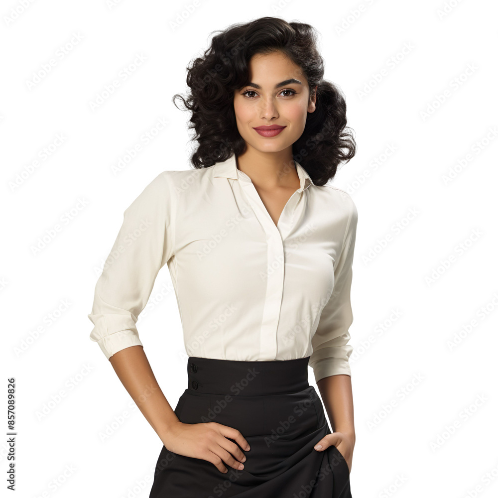 Front view mid body shot of a beautiful Latin woman dressed in a classic ivory blouse and a black pencil skirt, isolated on a white transparent background Front view mid body shot of a beautiful Latin woman dressed in a classic ivory blouse and a black pencil skirt, isolated on a white transparent background