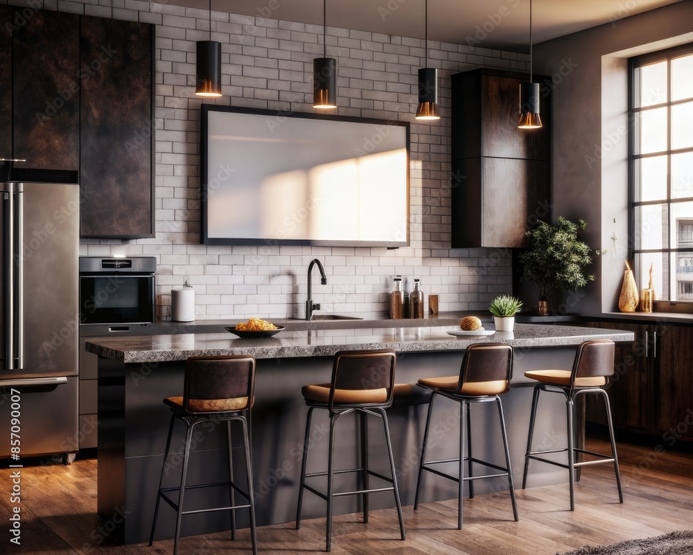 Fototapeta premium Contemporary Kitchen Empty poster frame on a clean, white wall with modern kitchen appliances and bar stools.