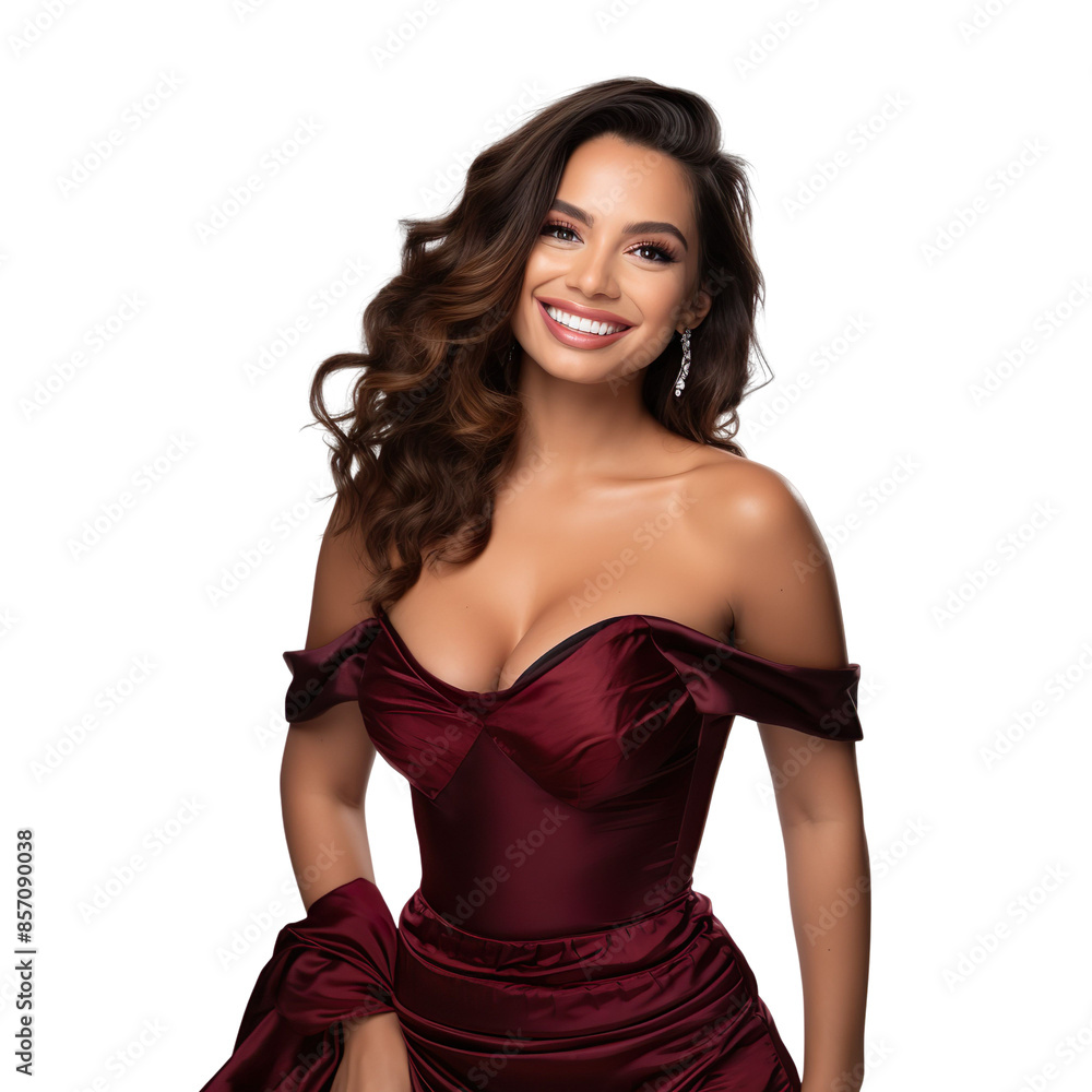 front view mid body shot of a beautiful Latin woman dressed in a luxurious burgundy off-the-shoulder top and a black satin mermaid skirt, isolated on a white transparent background front view mid body shot of a beautiful Latin woman dressed in a luxurious burgundy off-the-shoulder top and a black satin mermaid skirt, isolated on a white transparent background