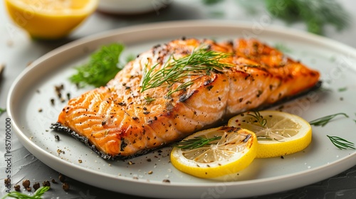 Close-Up of Grilled Salmon Fillet with Lemon Slices and Fresh Dill