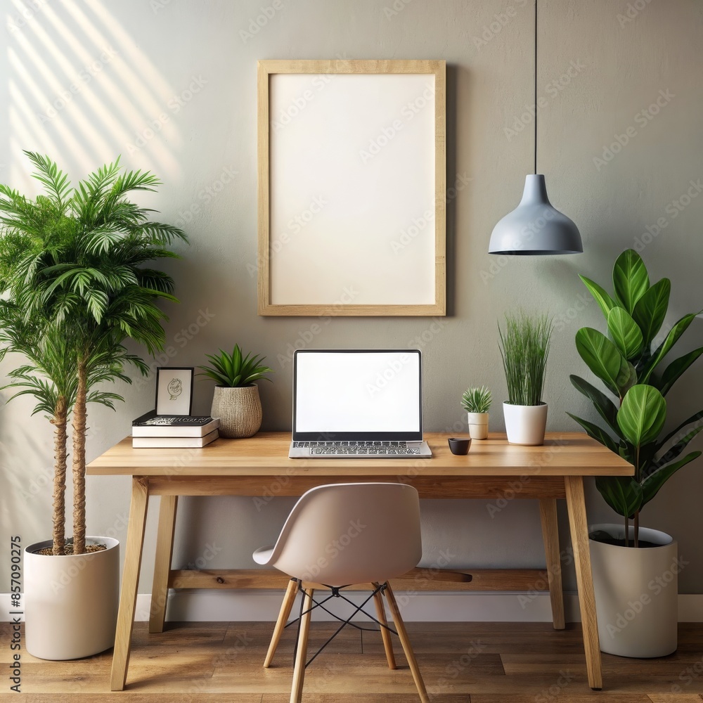 Home Office Empty poster frame above a sleek desk with a laptop, stationery, and a potted plant. Home Office Empty poster frame above a sleek desk with a laptop, stationery, and a potted plant.