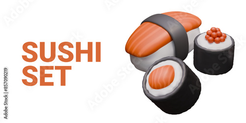 Vector sushi set in realistic style. Round roll with red caviar, fish, nigiri