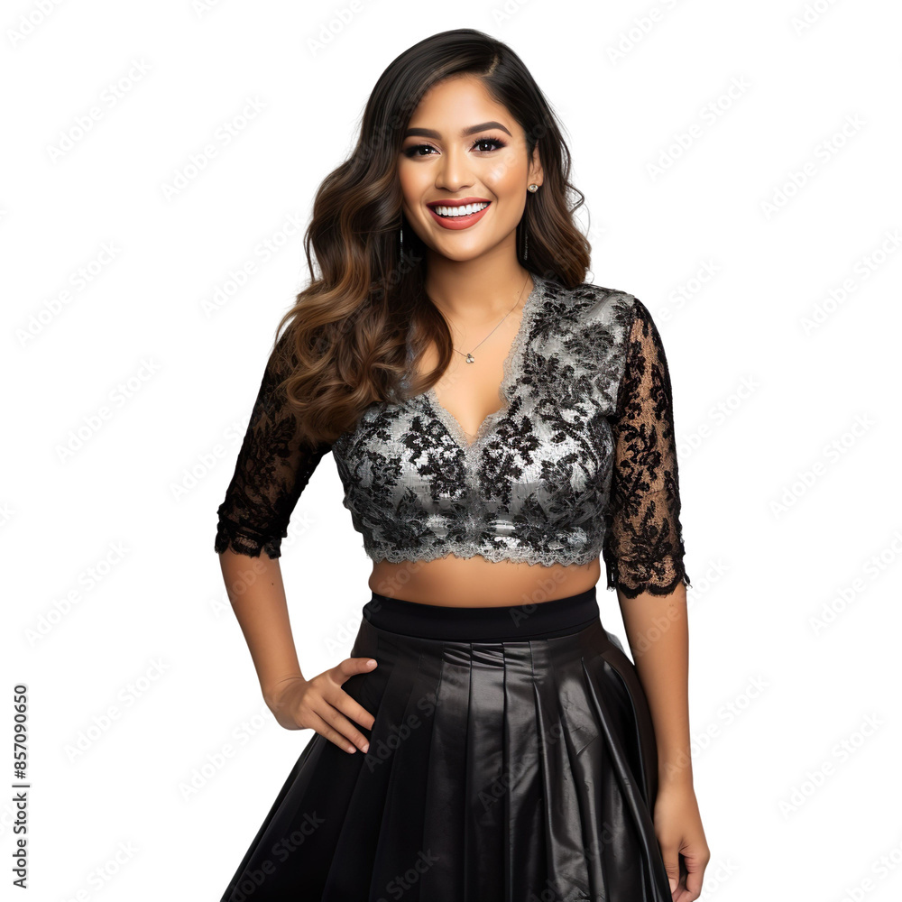 Front view mid body shot of a beautiful Latin woman dressed in a sophisticated black lace top and a silver metallic midi skirt, isolated on a white transparent background Front view mid body shot of a beautiful Latin woman dressed in a sophisticated black lace top and a silver metallic midi skirt, isolated on a white transparent background