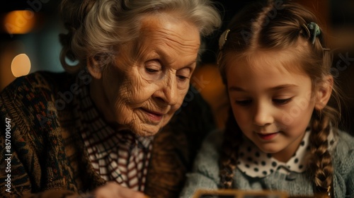 A close-up portrait of an elderly grandmother and her granddaughter looking at old photographs © Pavel Kachanau