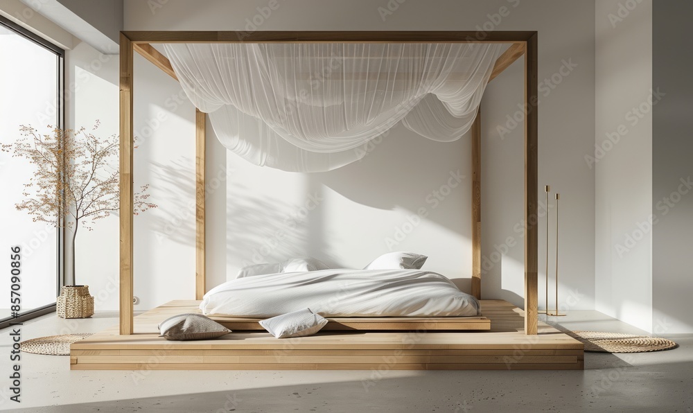 Minimalist bedroom with a blank bed canopy Minimalist bedroom with a blank bed canopy