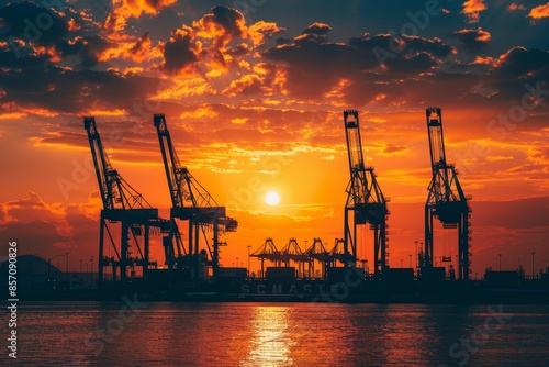 Port cranes silhouetted against a sunset with containers