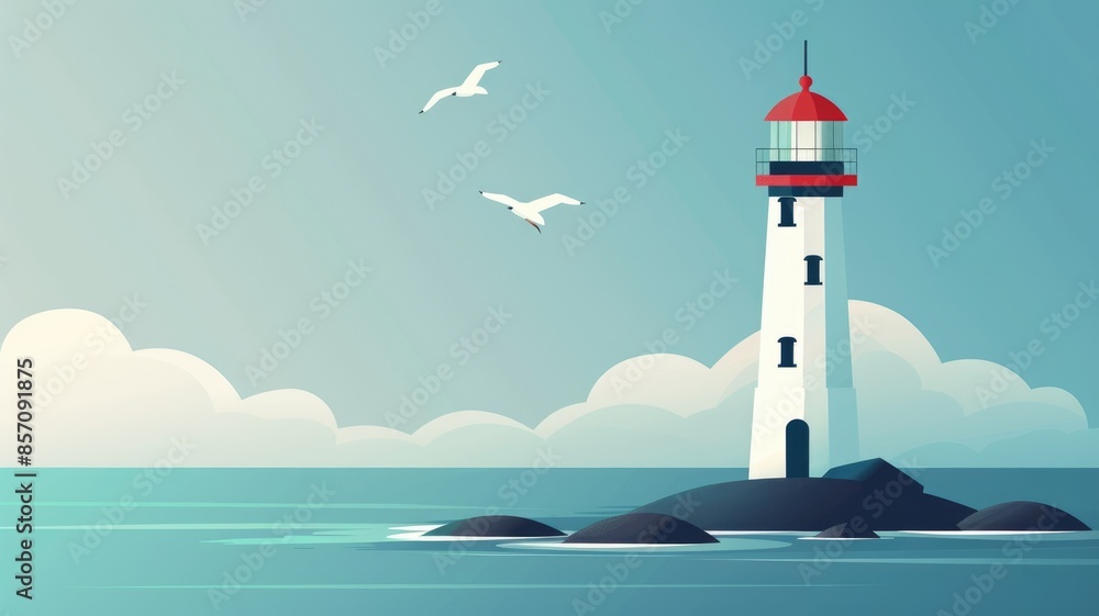 Illustration of a lighthouse by the sea with birds flying, against a serene backdrop of the sky and ocean. Illustration of a lighthouse by the sea with birds flying, against a serene backdrop of the sky and ocean.