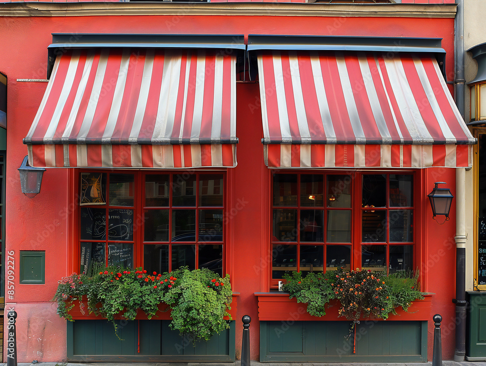 european shop facade with striped awnings european shop facade with striped awnings