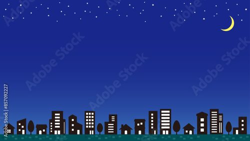 夜空と街並みのイラスト背景　夜景　シルエット