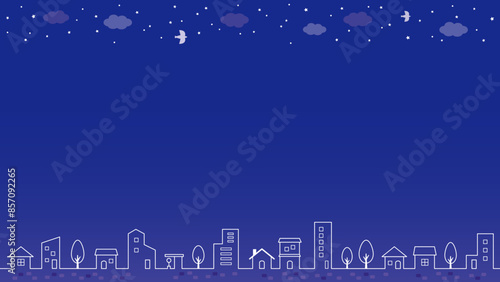 夜空と街並みのイラスト背景　線画