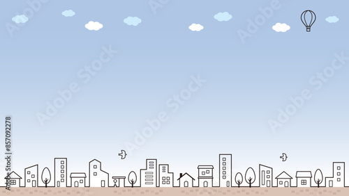 青空と街並みのイラスト背景　線画