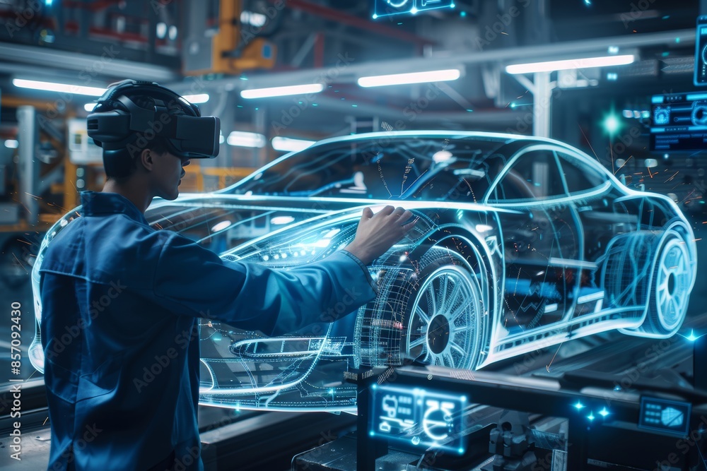 Autogenic Engineer Automotive engineer operating high tech assembly line for futuristic ...