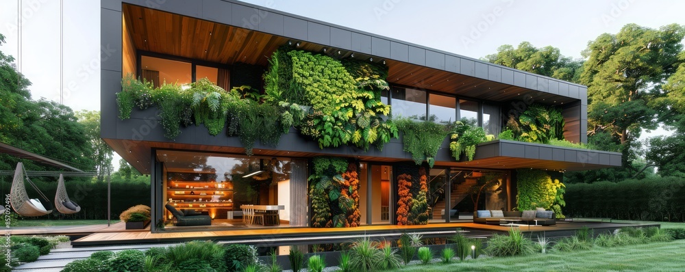 Modern eco-home with a living wall. Modern eco-home with a living wall.