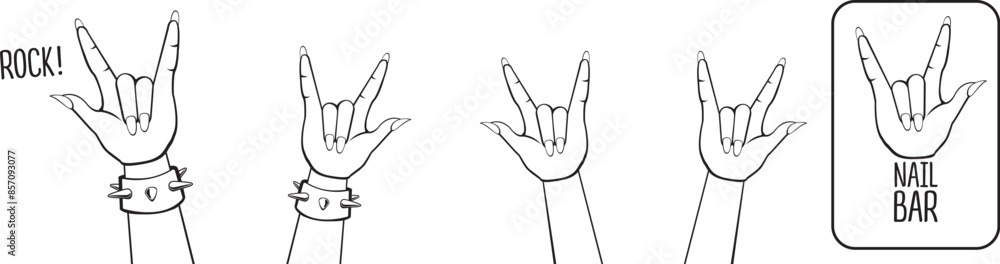 Female Hand in Rock Gesture set vector illustration. Heavy Metal and rock n roll Sign. Beauty studio and Nail bar Salon concept logo design template. Woman hands collection line art style Female Hand in Rock Gesture set vector illustration. Heavy Metal and rock n roll Sign. Beauty studio and Nail bar Salon concept logo design template. Woman hands collection line art style